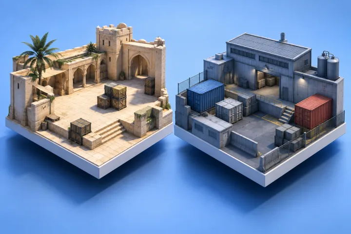 Illustrative courtyard and industrial map miniatures