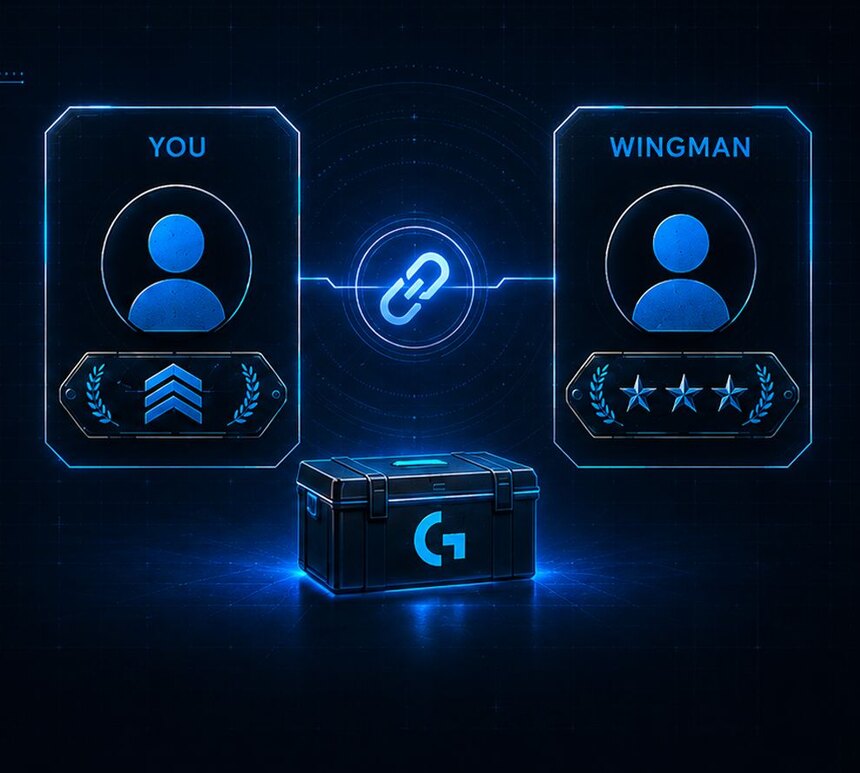You and Wingman profile badges joined by a link above a Logitech G supply crate